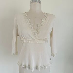 Vintage White Y2K Ellena Gilbert Babydoll Lace Vneck Top Sz L Fairy Y2K Coquette